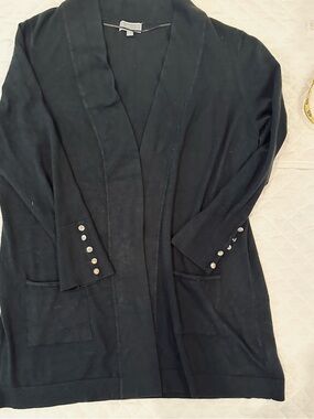 JM Collection Black Open Front Cardigan with Button Cuffs
